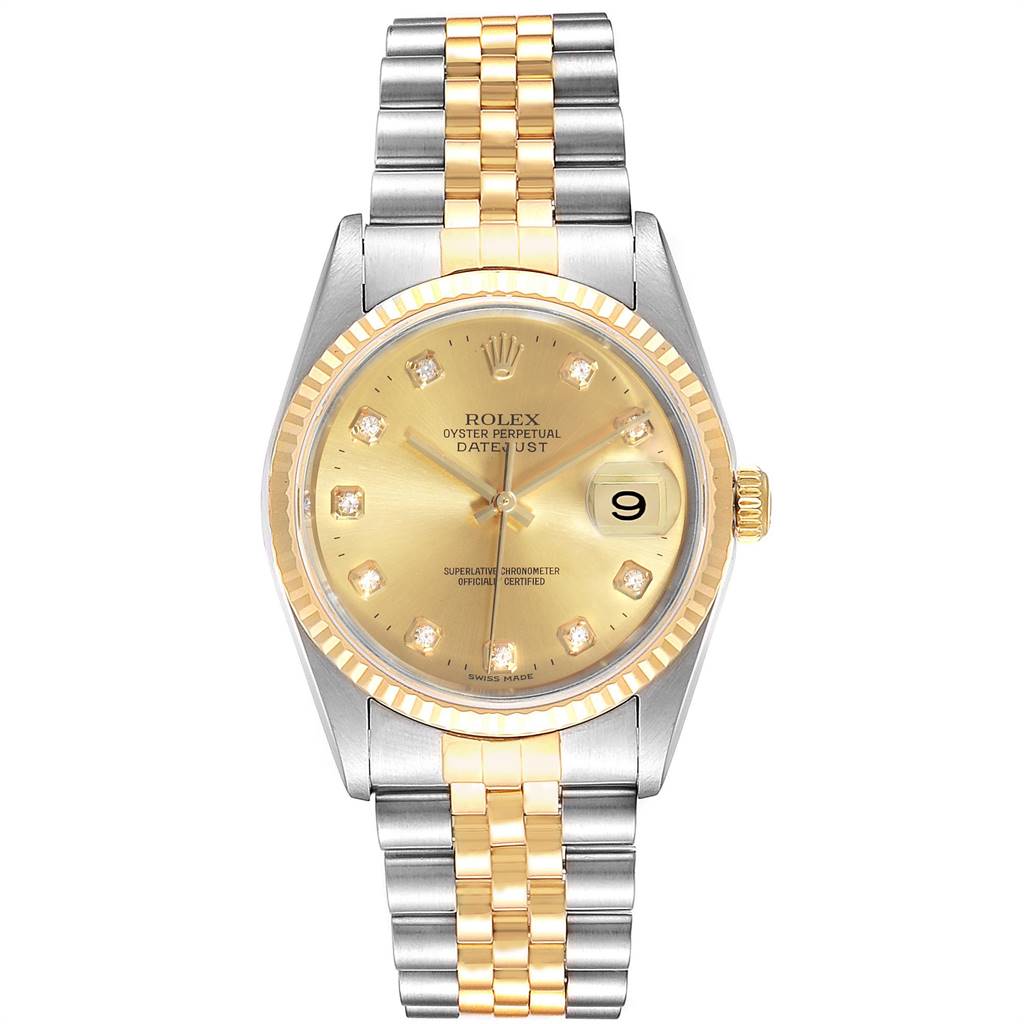 The image shows a front view of a Rolex Datejust 16233 Men's Steel and Gold (two tone) Champagne Dial 16233 Men's Steel and Gold (two tone) Champagne Dial watch, featuring a gold and silver bracelet, gold dial, and date display.
