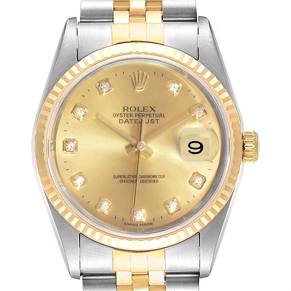 Rolex Datejust Steel 18K Yellow Gold Diamond Dial Mens Watch 16233 ...