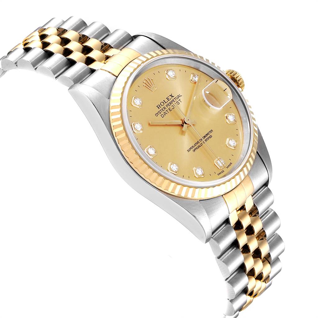 The image shows a Rolex Datejust 16233 Men's Steel and Gold (two tone) Champagne Dial 16233 Men's Steel and Gold (two tone) Champagne Dial watch angled from above, highlighting the dial, bezel, and two-tone bracelet.