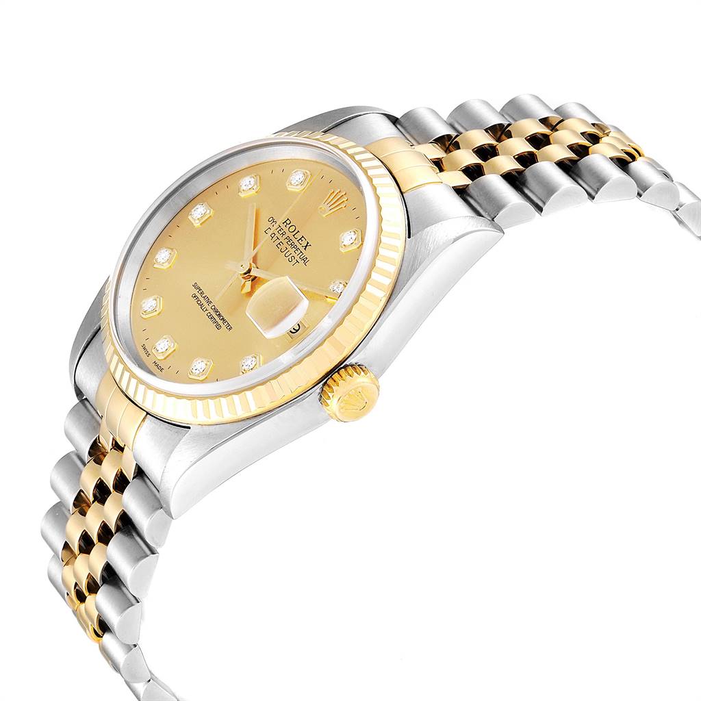 This image shows a Rolex Datejust 16233 Men's Steel and Gold (two tone) Champagne Dial 16233 Men's Steel and Gold (two tone) Champagne Dial watch at an angle highlighting the dial, bezel, crown, and part of the bracelet.