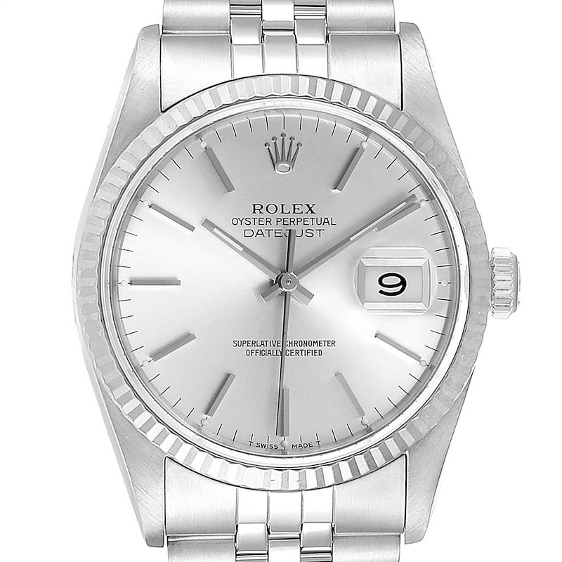 This image shows a front view of the Rolex Datejust watch, highlighting its dial, hands, bezel, date window, and crown.