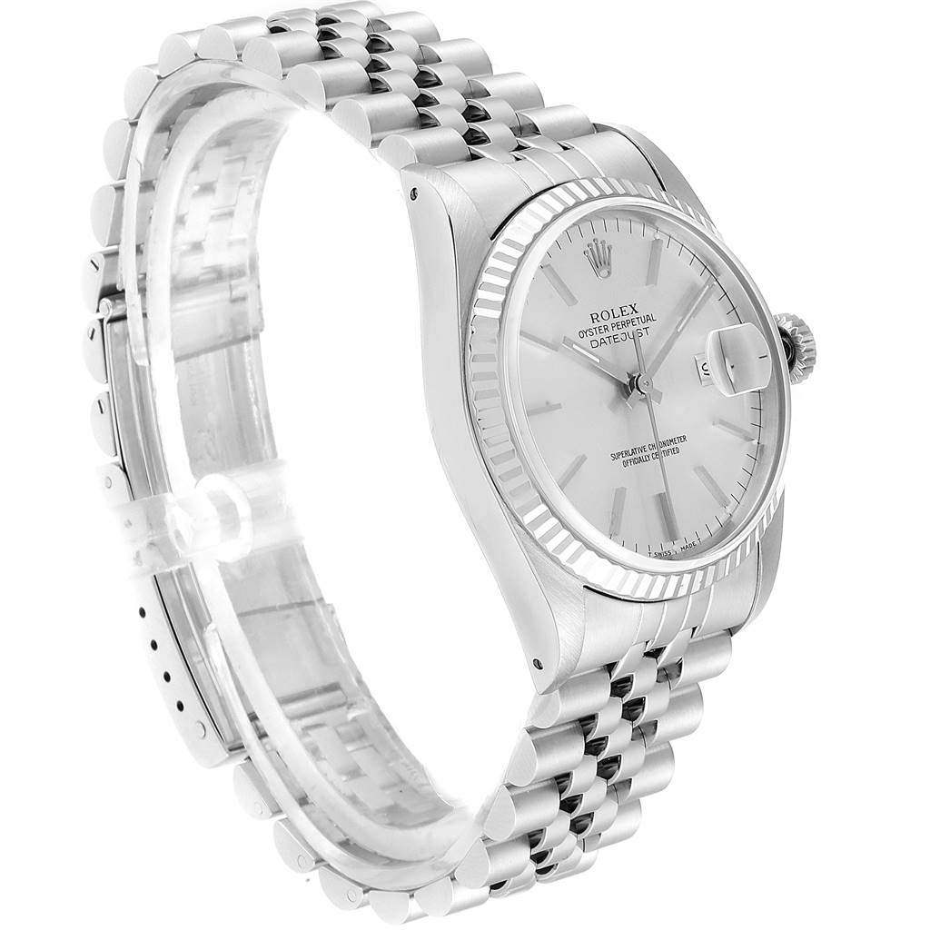 The Rolex Datejust 16234 Men's Stainless Steel Silver Dial 16234 Men's Stainless Steel Silver Dial watch is shown from a side angle, highlighting its face, bracelet, and crown.