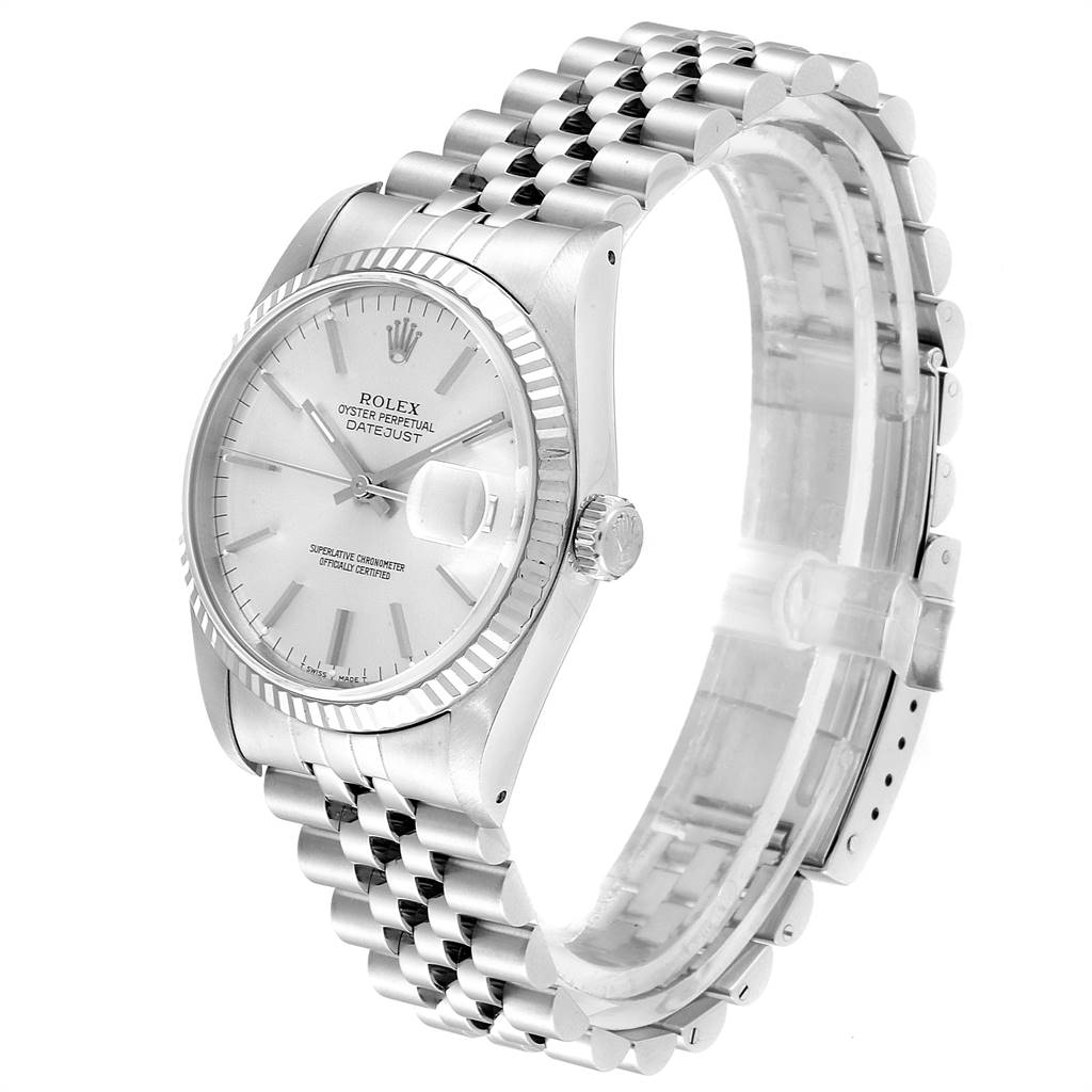This Rolex Datejust 16234 Men's Stainless Steel Silver Dial 16234 Men's Stainless Steel Silver Dial watch is shown at an angled side view, highlighting the face, bezel, and bracelet.