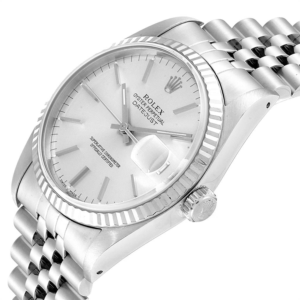 This image shows a side angle of a Rolex Datejust 16234 Men's Stainless Steel Silver Dial 16234 Men's Stainless Steel Silver Dial, highlighting the face, bezel, and bracelet.
