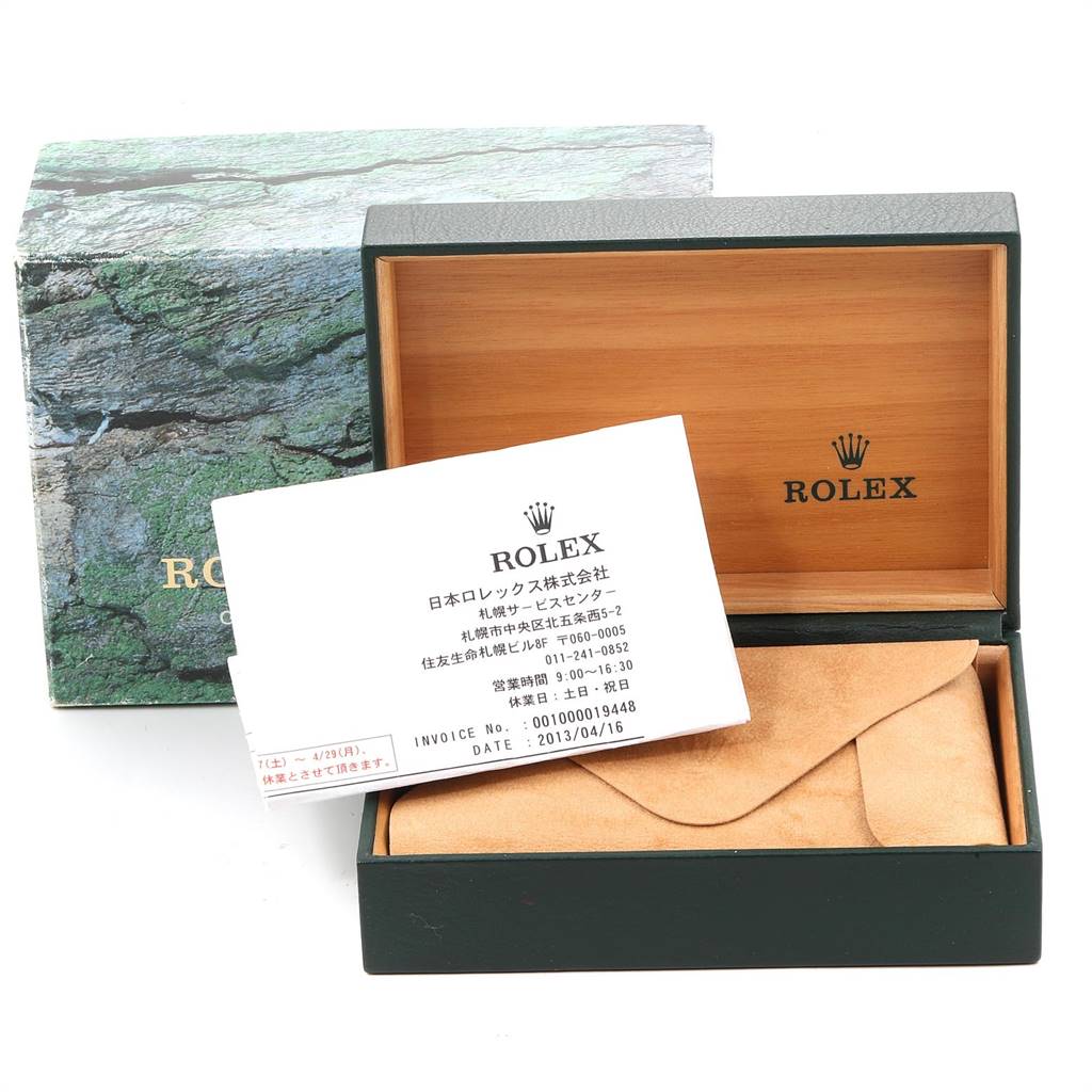 The image shows a Rolex Datejust 16234 Men's Stainless Steel Silver Dial 16234 Men's Stainless Steel Silver Dial watch box with its lid open, displaying an inner case and an accompanying certificate.