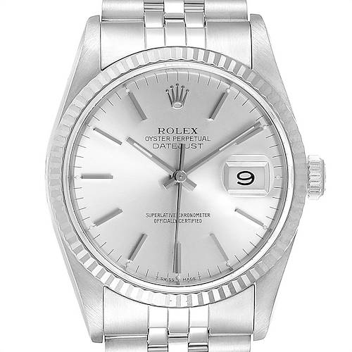 This image shows a front view of the Rolex Datejust watch, highlighting the dial, hands, date display, bezel, and part of the bracelet.