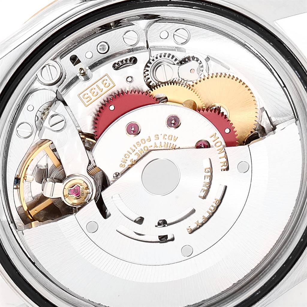 The image shows the internal mechanical movement of a Rolex Datejust 16233 Men's Steel and Gold (two tone) Mother of Pearl Dial 16233 Men's Steel and Gold (two tone) Mother of Pearl Dial watch, viewed from the back.