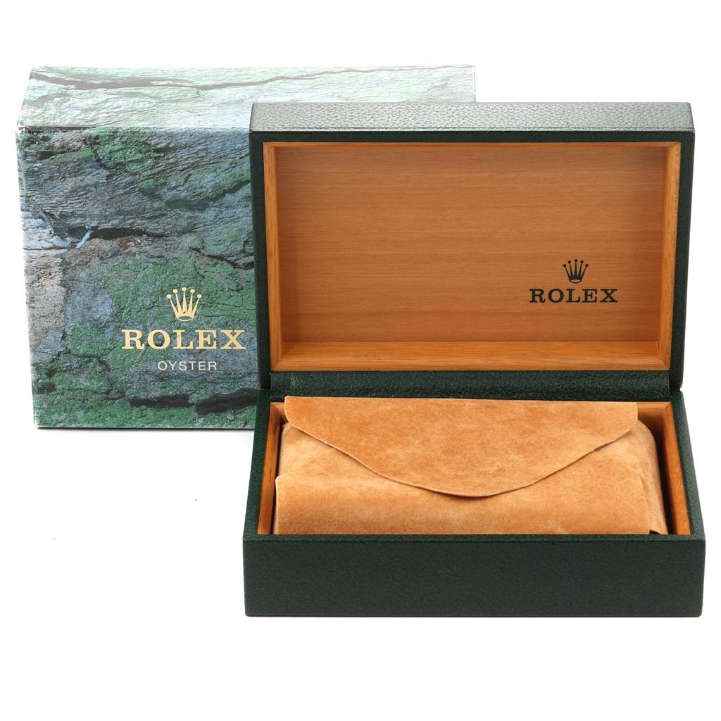 The image shows an open Rolex Datejust 16233 Men's Steel and Gold (two tone) Mother of Pearl Dial 16233 Men's Steel and Gold (two tone) Mother of Pearl Dial watch box and its protective cover, viewed from the front.