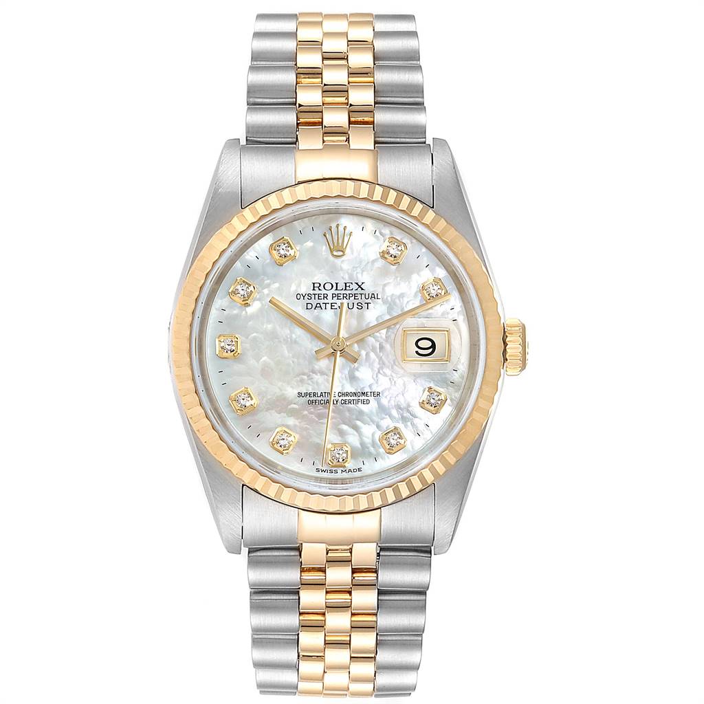 This image shows a Rolex Datejust 16233 Men's Steel and Gold (two tone) Mother of Pearl Dial 16233 Men's Steel and Gold (two tone) Mother of Pearl Dial watch from a front angle, highlighting its face, bezel, and two-tone bracelet.