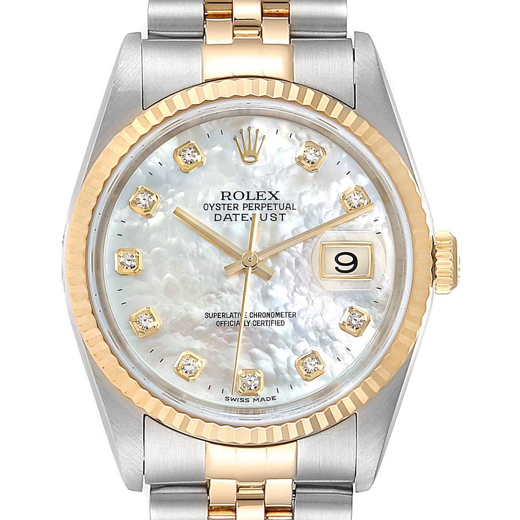 This image shows a Rolex Datejust 16233 Men's Steel and Gold (two tone) Mother of Pearl Dial 16233 Men's Steel and Gold (two tone) Mother of Pearl Dial watch from a front angle, highlighting the dial, hands, bezel, and bracelet.