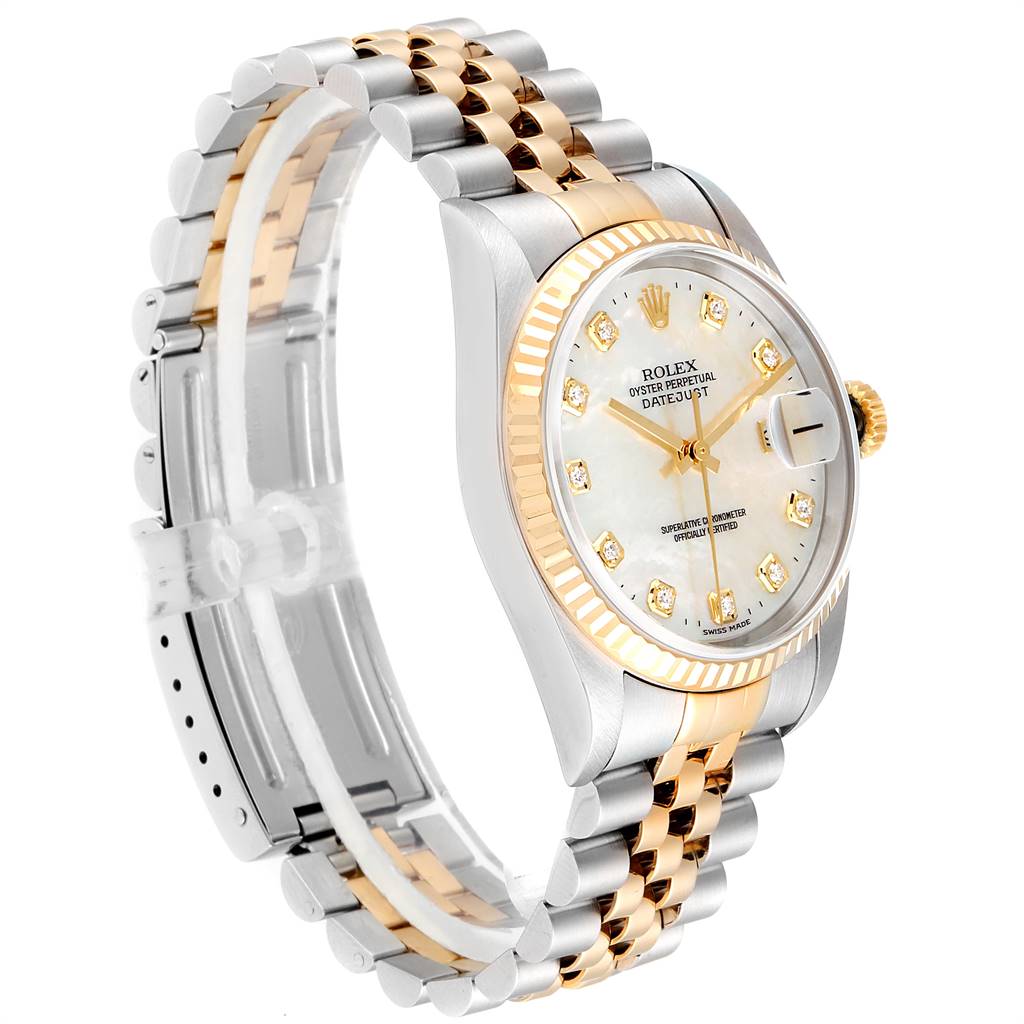 The Rolex Datejust 16233 Men's Steel and Gold (two tone) Mother of Pearl Dial 16233 Men's Steel and Gold (two tone) Mother of Pearl Dial watch is shown at a three-quarter angle featuring the dial, bezel, and two-tone bracelet.