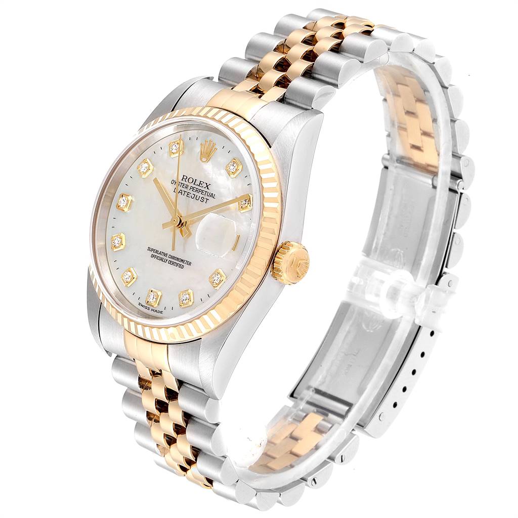 The image shows a Rolex Datejust 16233 Men's Steel and Gold (two tone) Mother of Pearl Dial 16233 Men's Steel and Gold (two tone) Mother of Pearl Dial watch at a slightly angled side view, highlighting the bezel, face, bracelet, and crown.