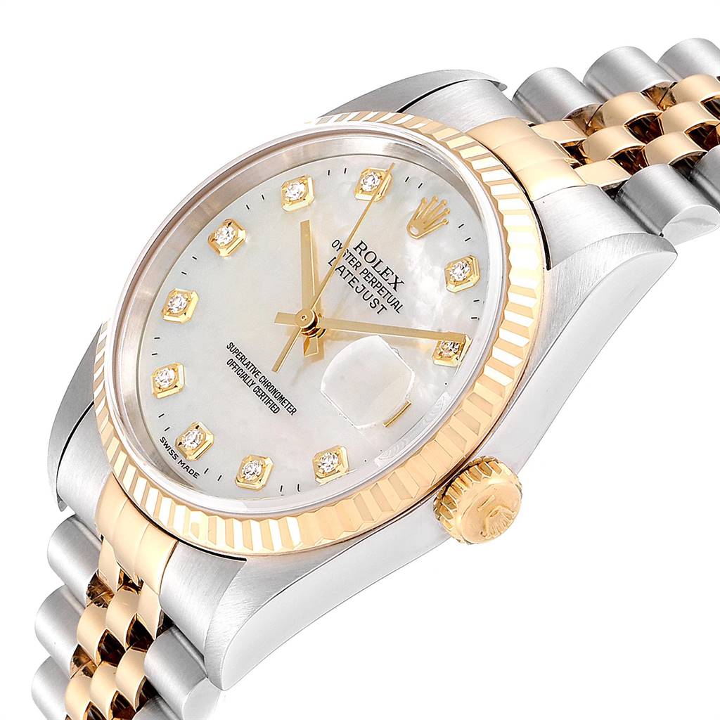 The image shows a close-up of the Rolex Datejust 16233 Men's Steel and Gold (two tone) Mother of Pearl Dial 16233 Men's Steel and Gold (two tone) Mother of Pearl Dial watch from an angled top view, highlighting the dial, bezel, and part of the bracelet.