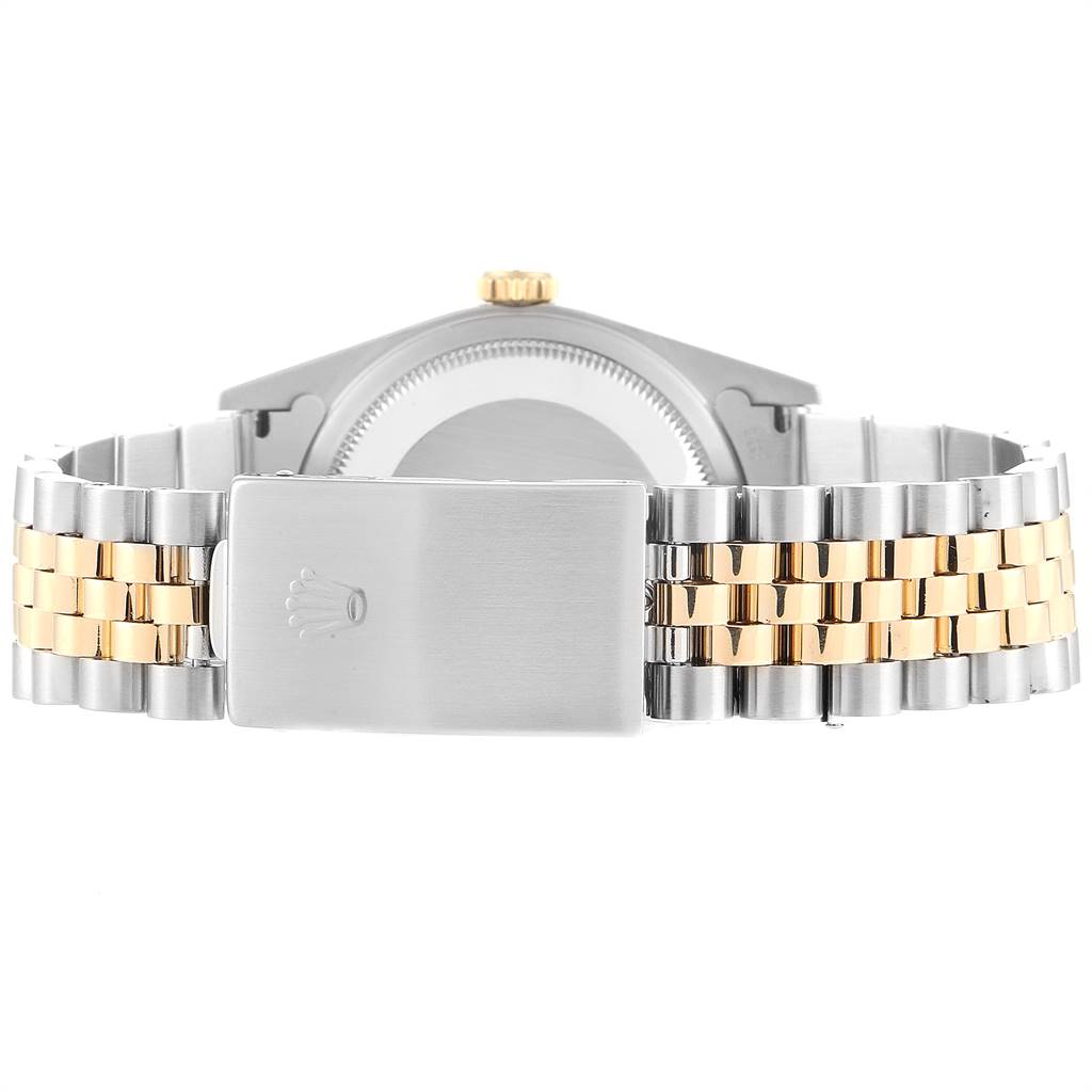 The image shows the bracelet and clasp of a Rolex Datejust 16233 Men's Steel and Gold (two tone) Mother of Pearl Dial 16233 Men's Steel and Gold (two tone) Mother of Pearl Dial watch from the rear angle.