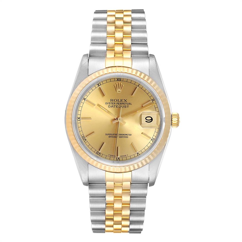 The image shows a frontal view of a Rolex Datejust 16233 Men's Steel and Gold (two tone) Champagne Dial 16233 Men's Steel and Gold (two tone) Champagne Dial watch, highlighting the dial, bezel, and two-tone bracelet.
