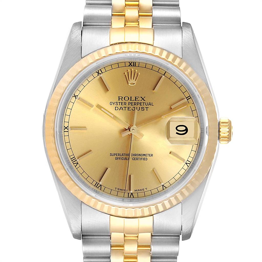 This image shows a front view of a Rolex Datejust 16233 Men's Steel and Gold (two tone) Champagne Dial 16233 Men's Steel and Gold (two tone) Champagne Dial watch, highlighting the gold and silver bracelet, gold dial, and date feature.