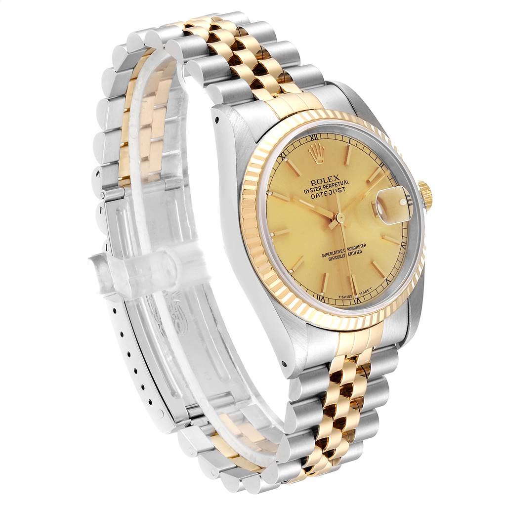 This image shows a side angle of a Rolex Datejust 16233 Men's Steel and Gold (two tone) Champagne Dial 16233 Men's Steel and Gold (two tone) Champagne Dial watch, highlighting its bracelet, dial, and bezel.