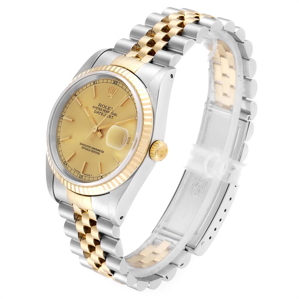 The image shows a Rolex Datejust 16233 Men's Steel and Gold (two tone) Champagne Dial 16233 Men's Steel and Gold (two tone) Champagne Dial watch at a slight angle, displaying its gold dial, two-tone bracelet, and fluted bezel.