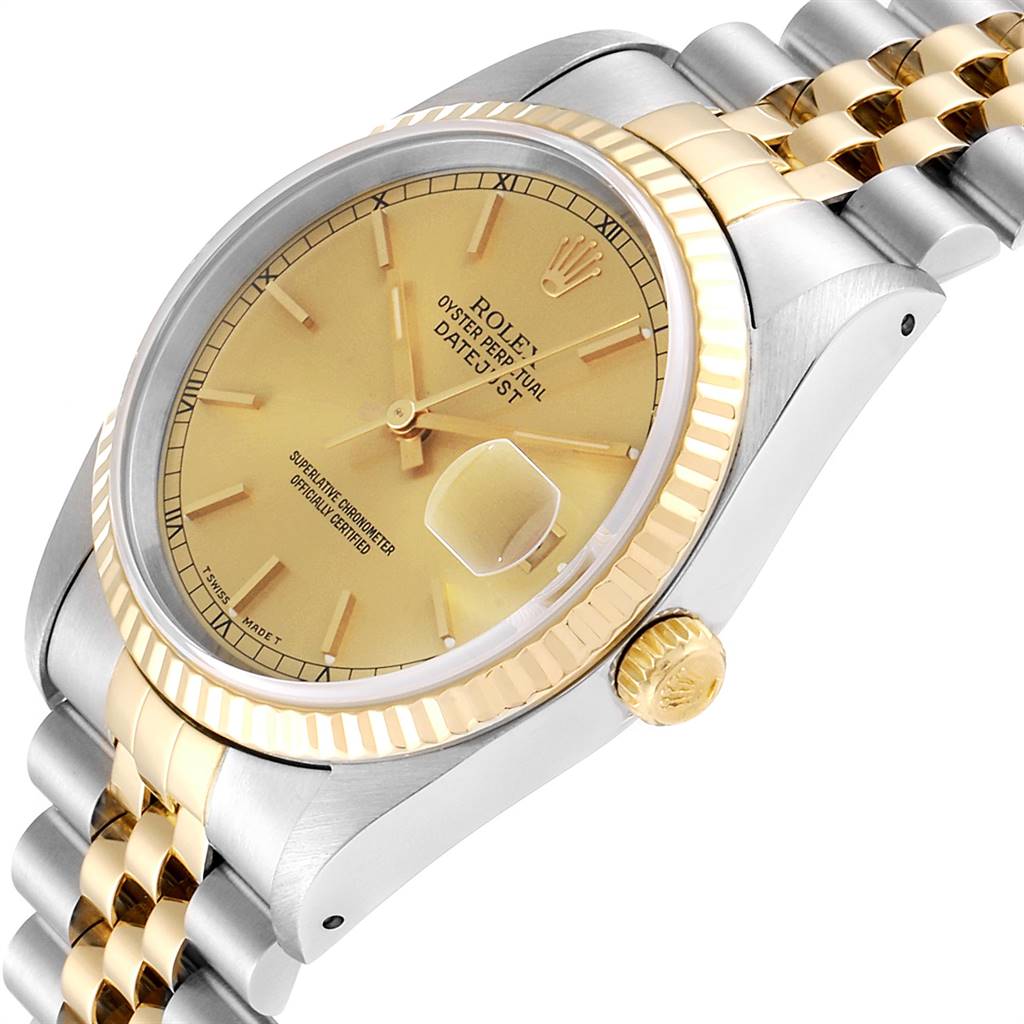 The image shows a Rolex Datejust 16233 Men's Steel and Gold (two tone) Champagne Dial 16233 Men's Steel and Gold (two tone) Champagne Dial watch angled to display the face, bezel, crown, and part of the bracelet.