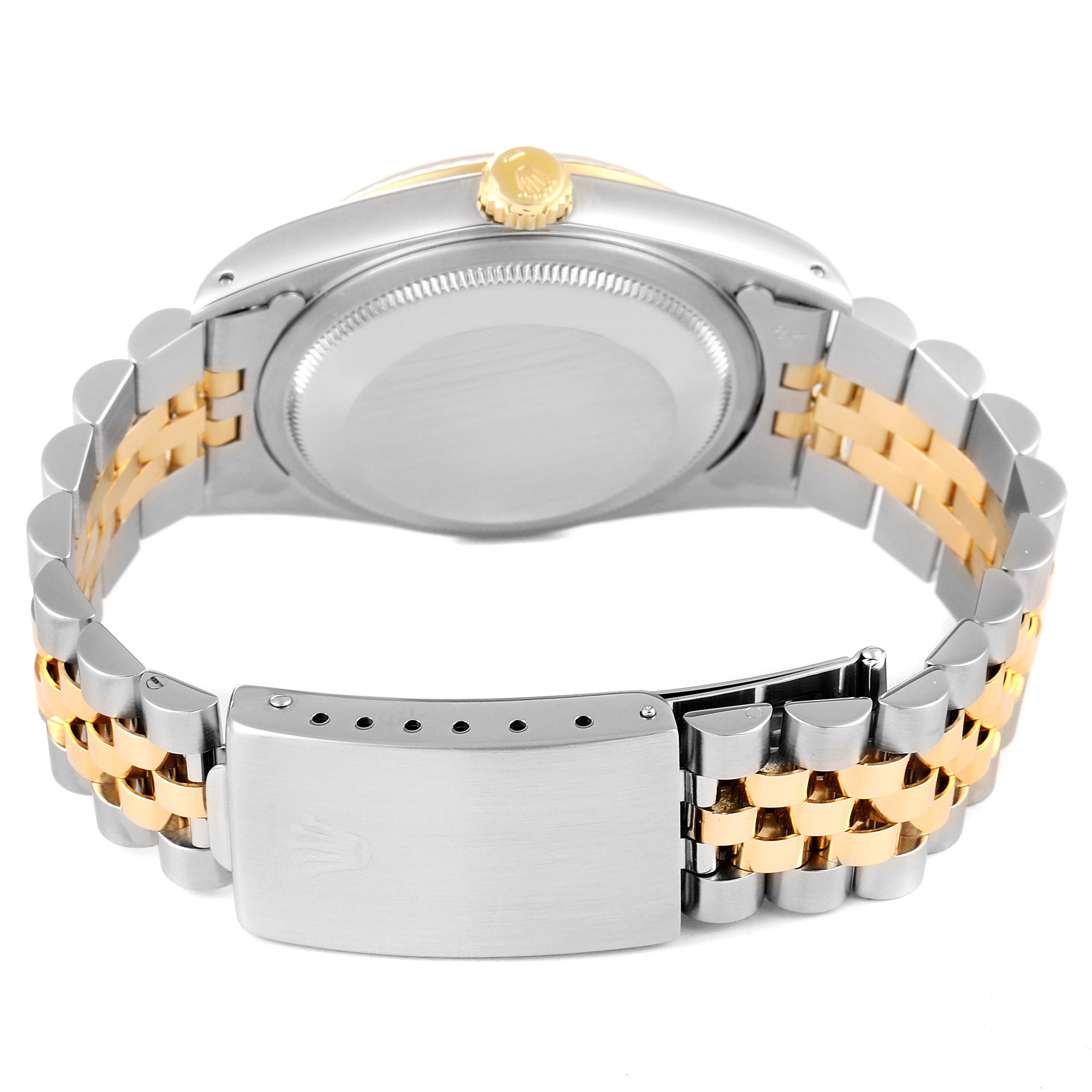 The image shows the back view of the Rolex Datejust 16233 Men's Steel and Gold (two tone) Champagne Dial 16233 Men's Steel and Gold (two tone) Champagne Dial watch, featuring the case back, crown, and two-tone bracelet with clasp.