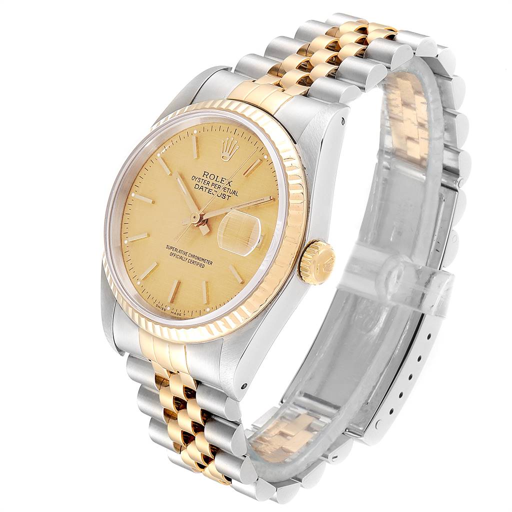 The image shows the front and side view of the Rolex Datejust 16233 Men's Steel and Gold (two tone) Champagne Dial 16233 Men's Steel and Gold (two tone) Champagne Dial watch, highlighting its dial, bezel, crown, and bracelet.