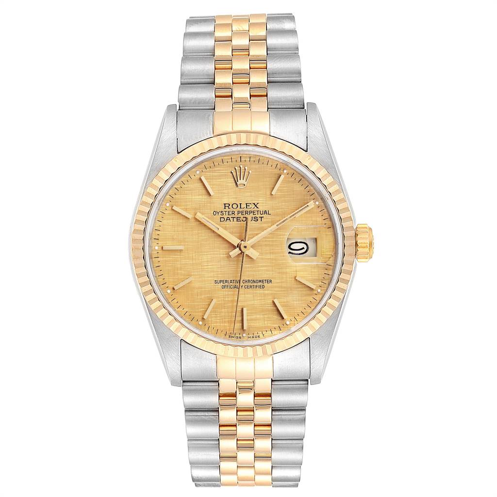 The image shows a front angle of the Rolex Datejust 16233 Men's Steel and Gold (two tone) Champagne Dial 16233 Men's Steel and Gold (two tone) Champagne Dial watch, displaying the dial, hands, crown, bezel, and bracelet.