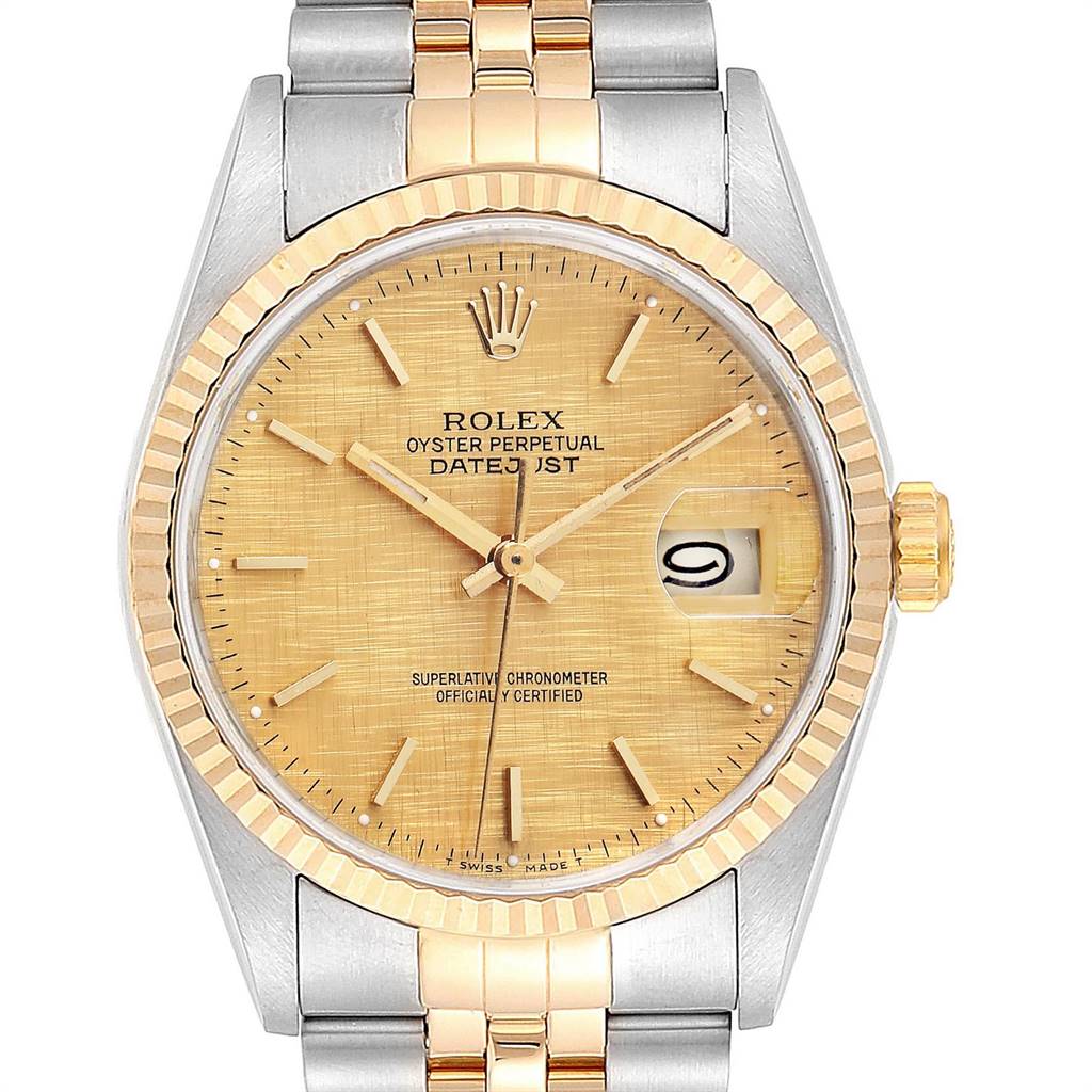 This image shows the front view of a Rolex Datejust 16233 Men's Steel and Gold (two tone) Champagne Dial 16233 Men's Steel and Gold (two tone) Champagne Dial watch, highlighting the dial, hands, date window, bezel, and part of the bracelet.