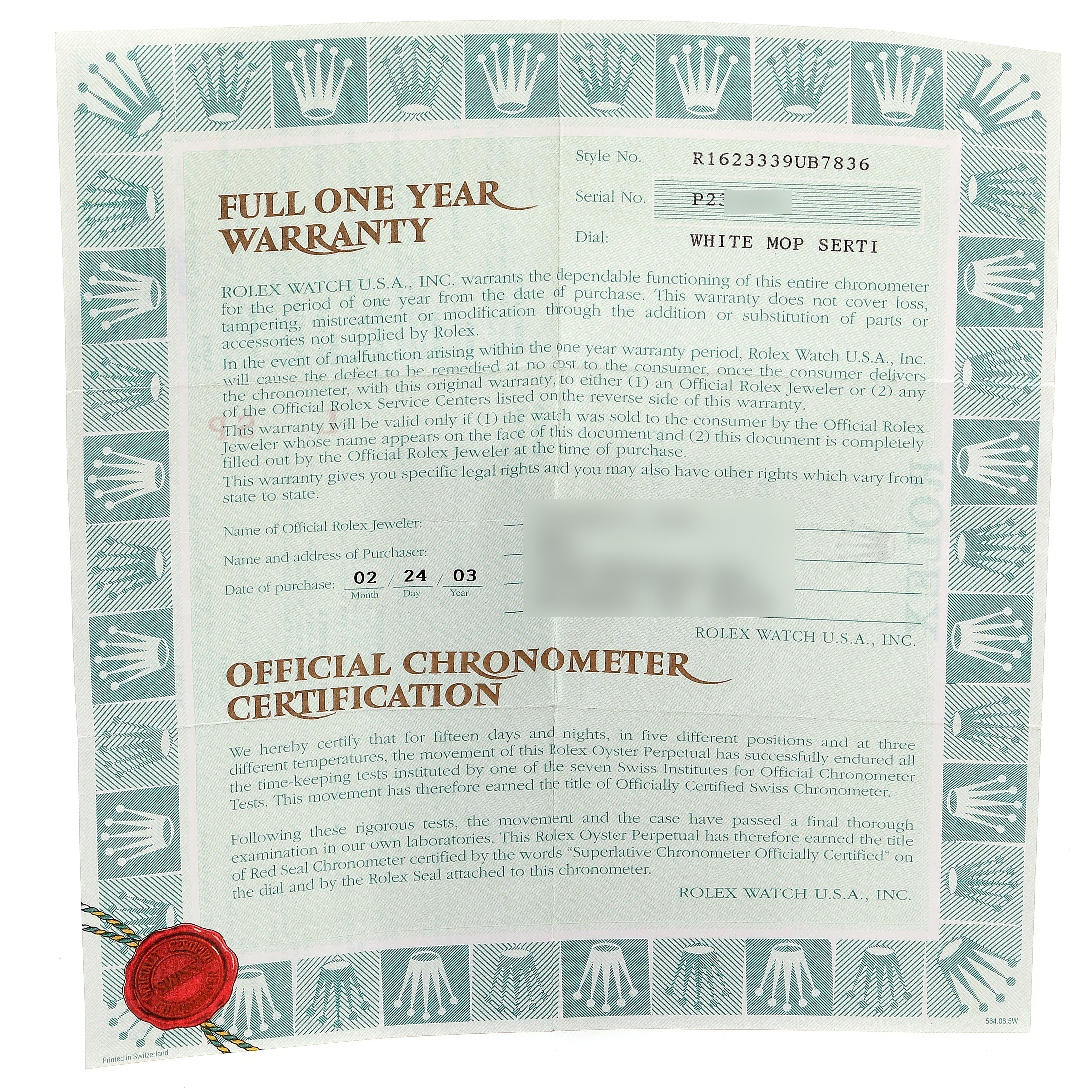 The image shows a full one-year warranty and official chronometer certification document for a Rolex Datejust 16233 Men's Steel and Gold (two tone) Mother of Pearl Dial 16233 Men's Steel and Gold (two tone) Mother of Pearl Dial model.