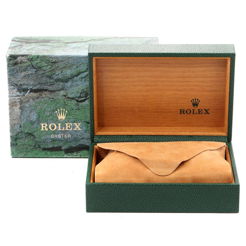 The image shows an open Rolex Datejust 16233 Men's Steel and Gold (two tone) Mother of Pearl Dial 16233 Men's Steel and Gold (two tone) Mother of Pearl Dial watch box with the outer packaging visible in the background.