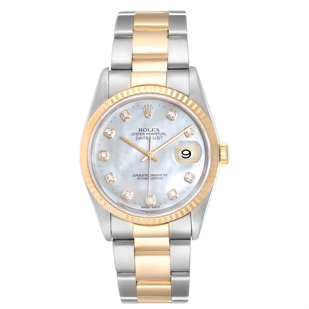 The image shows a front view of a Rolex Datejust 16233 Men's Steel and Gold (two tone) Mother of Pearl Dial 16233 Men's Steel and Gold (two tone) Mother of Pearl Dial watch, featuring a two-tone bracelet, date window, and diamond hour markers.