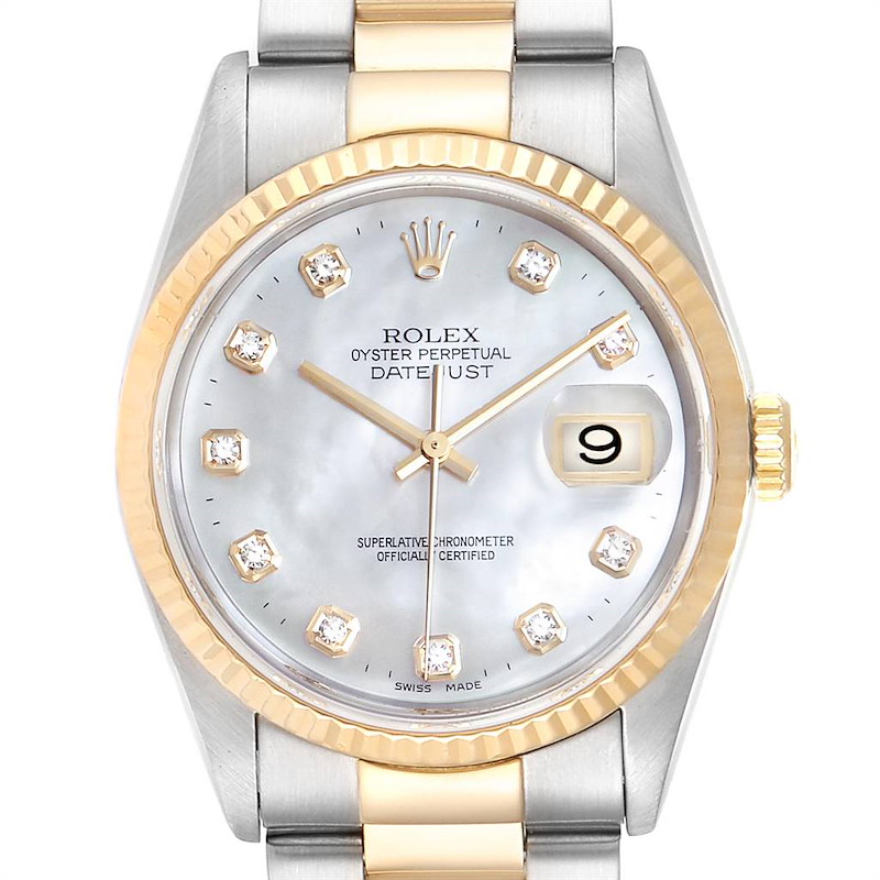 Rolex Datejust Steel Yellow Gold Mother of Pearl Diamond Mens Watch 16233 SwissWatchExpo
