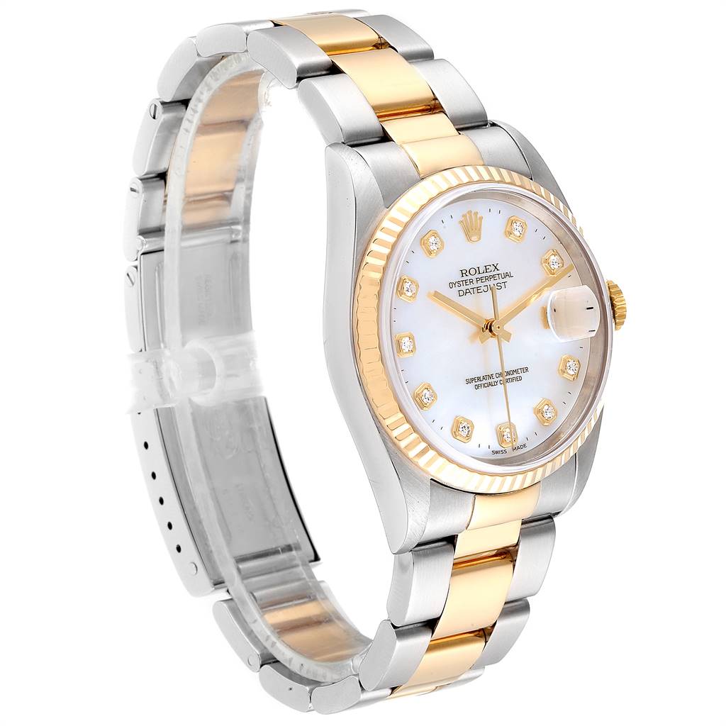 This Rolex Datejust 16233 Men's Steel and Gold (two tone) Mother of Pearl Dial 16233 Men's Steel and Gold (two tone) Mother of Pearl Dial model watch is shown at a three-quarter angle, displaying the face, bezel, and bracelet.