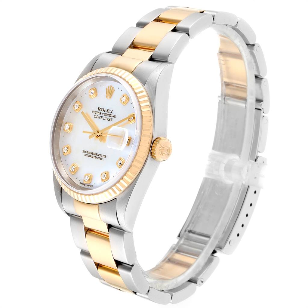 The Rolex Datejust 16233 Men's Steel and Gold (two tone) Mother of Pearl Dial 16233 Men's Steel and Gold (two tone) Mother of Pearl Dial model watch is shown at a slight angle, displaying its face, bracelet, crown, and clasp.