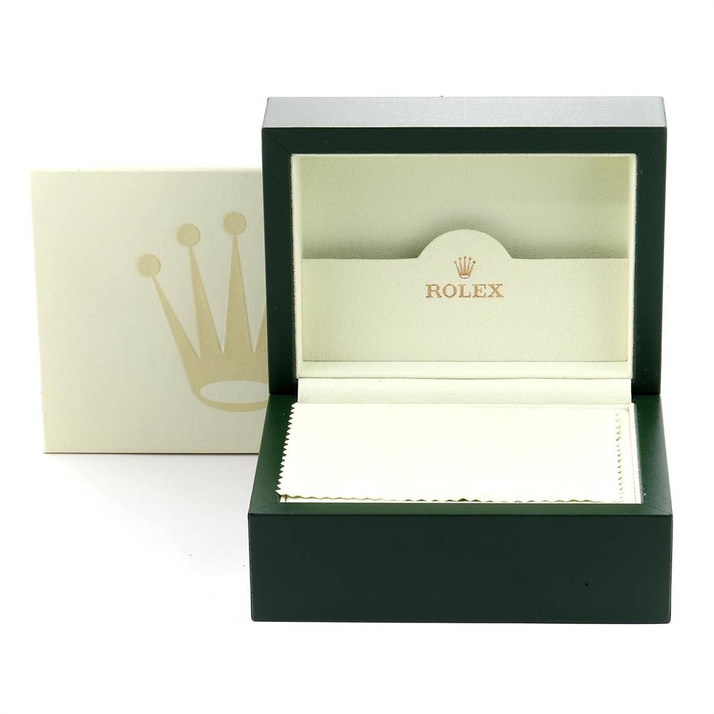 The image shows an open Rolex Datejust 116203 Men's Stainless Steel White Dial 116203 Men's Stainless Steel White Dial watch box along with a beige cleaning cloth and the outer packaging.