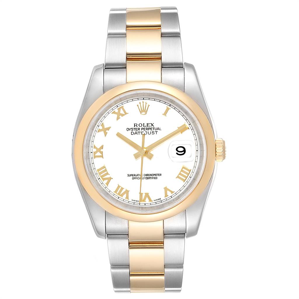 The Rolex Datejust 116203 Men's Stainless Steel White Dial 116203 Men's Stainless Steel White Dial watch is shown from the front, featuring a two-tone bracelet, gold bezel, white dial, and date window at 3 o'clock.
