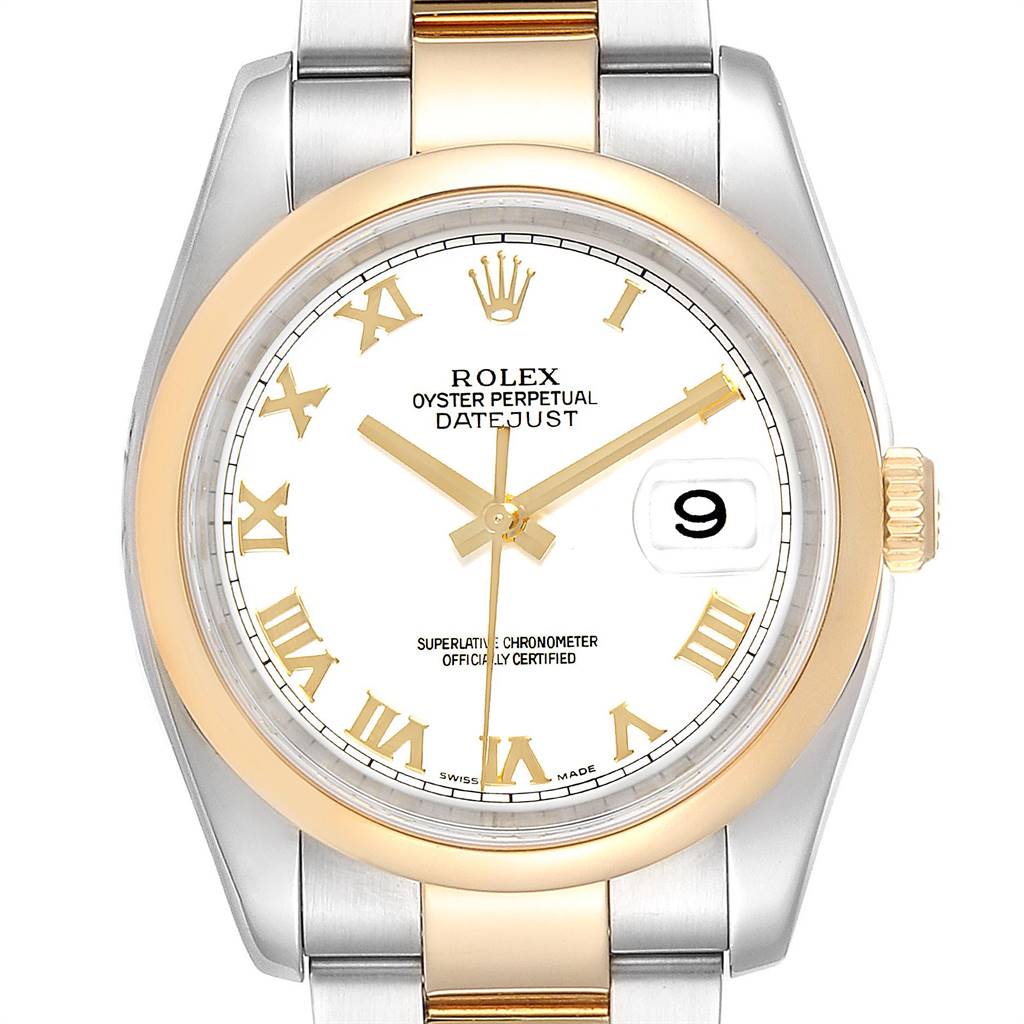 The Rolex Datejust 116203 Men's Stainless Steel White Dial 116203 Men's Stainless Steel White Dial watch is shown from a top-down angle, displaying the face, bezel, crown, and part of the bracelet.