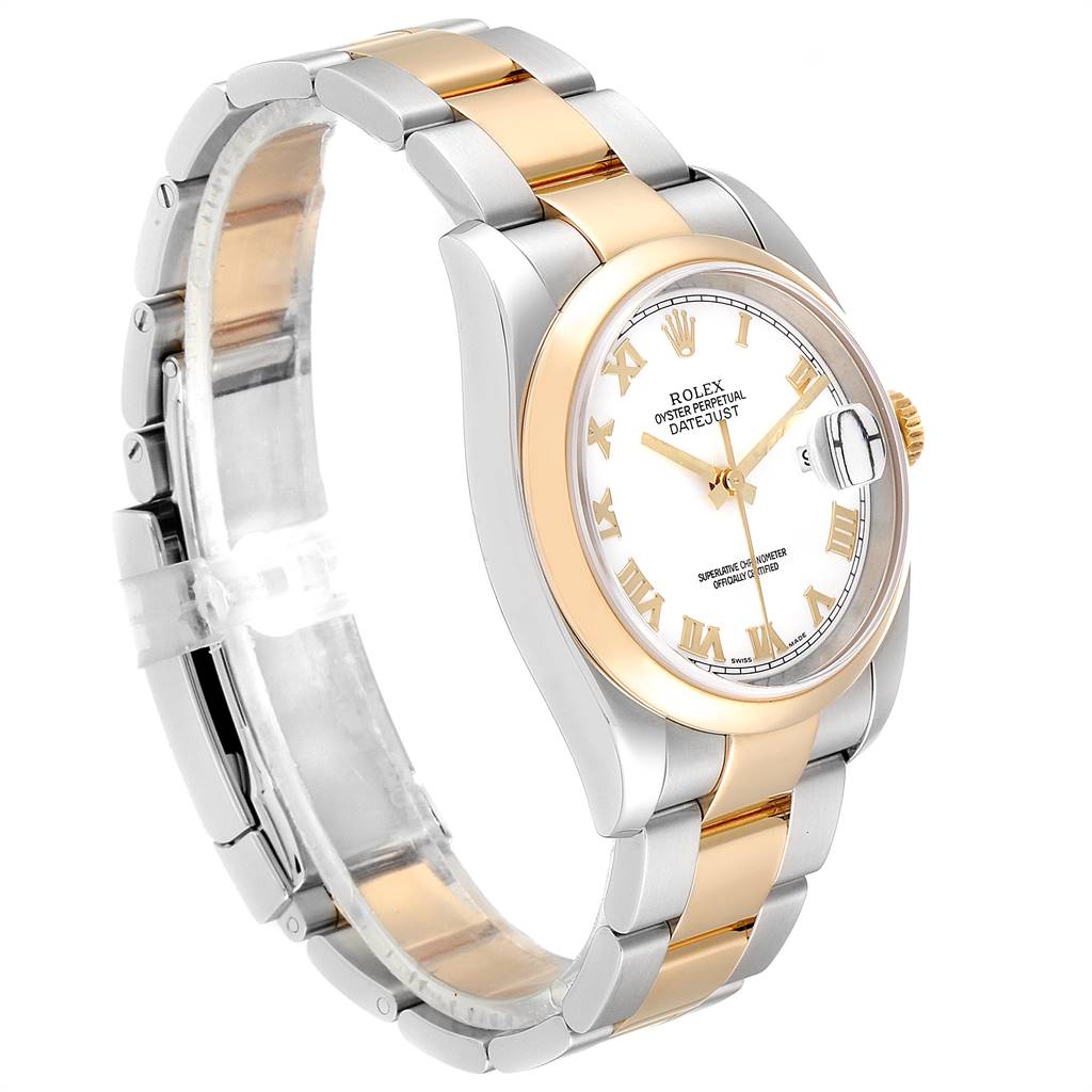 The image shows a side angle of the Rolex Datejust 116203 Men's Stainless Steel White Dial 116203 Men's Stainless Steel White Dial watch, highlighting its two-tone bracelet and white dial with gold Roman numerals.