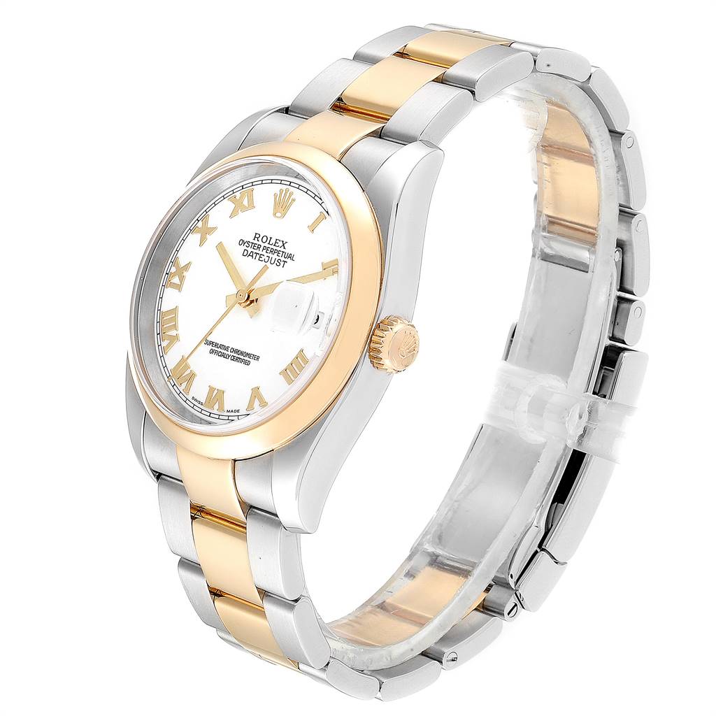 The image shows a Rolex Datejust 116203 Men's Stainless Steel White Dial 116203 Men's Stainless Steel White Dial model watch at an angled view, highlighting its face, bezel, bracelet, and crown.