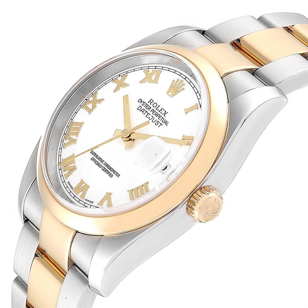 This image shows a close-up view of a Rolex Datejust 116203 Men's Stainless Steel White Dial 116203 Men's Stainless Steel White Dial watch, featuring its face, bezel, crown, and part of the bracelet.