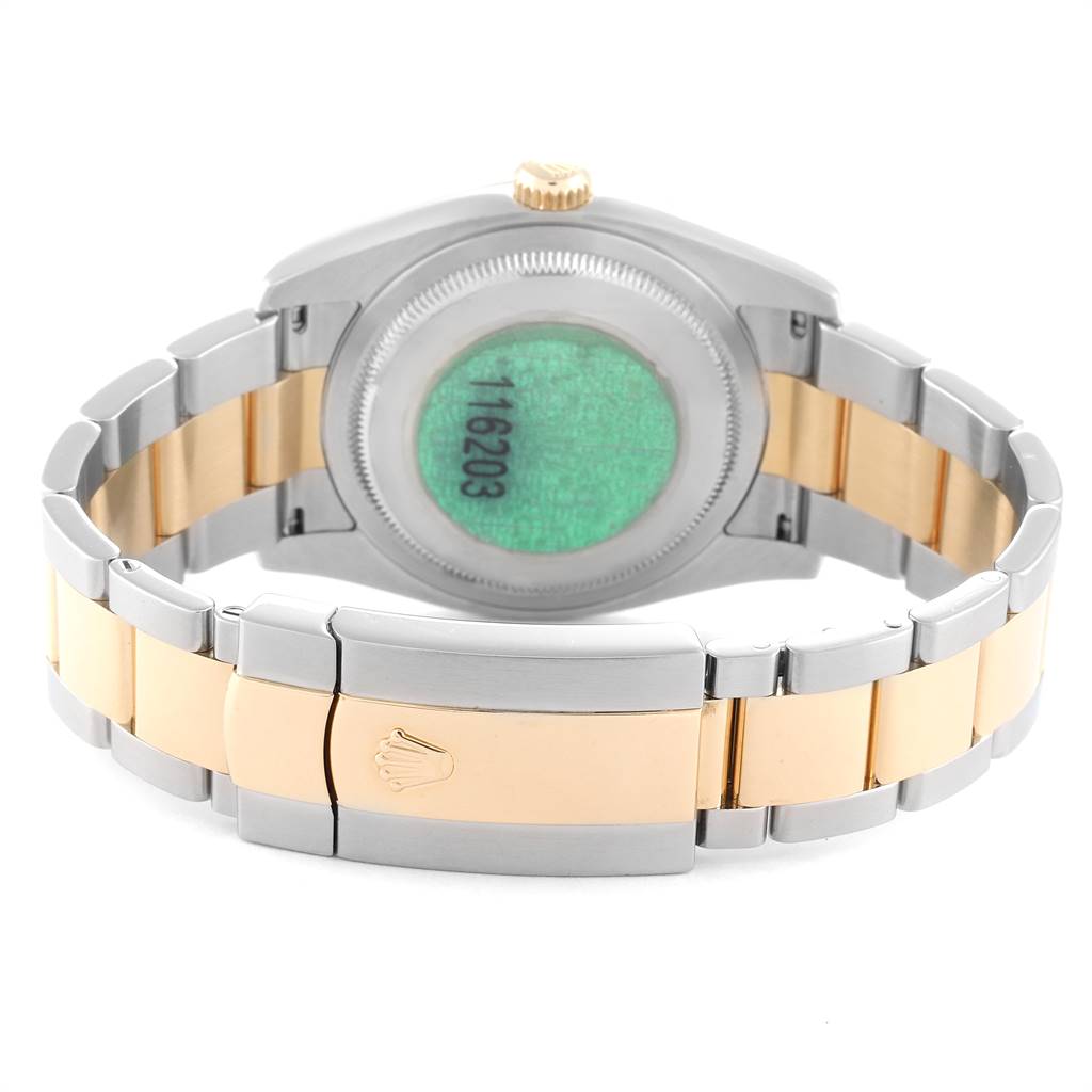 The image shows the back view of a Rolex Datejust 116203 Men's Stainless Steel White Dial 116203 Men's Stainless Steel White Dial watch, highlighting the case back and the two-tone bracelet.