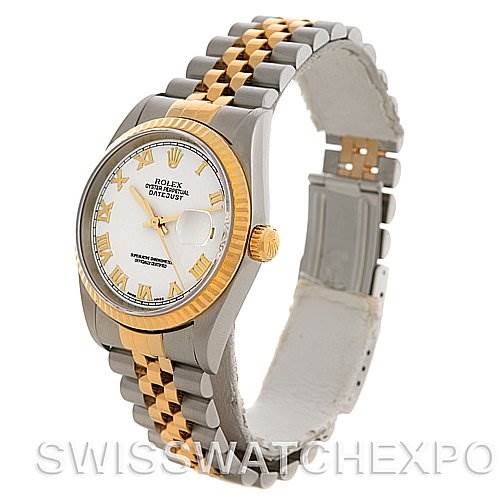This image shows a Rolex Datejust 16233 Men's Steel and Gold (two tone) White Dial 16233 Men's Steel and Gold (two tone) White Dial watch at an angle displaying the dial, bezel, crown, and two-tone jubilee bracelet.