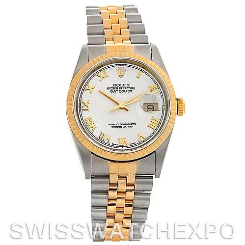 The image shows a full frontal view of the Rolex Datejust 16233 Men's Steel and Gold (two tone) White Dial 16233 Men's Steel and Gold (two tone) White Dial watch with a two-tone bracelet and a white dial.