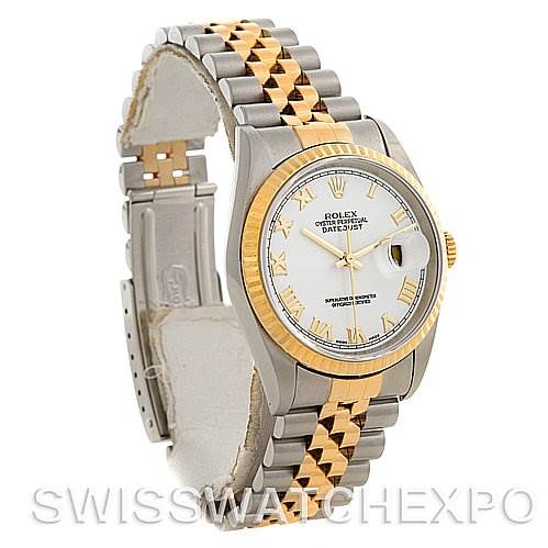 This image shows a Rolex Datejust 16233 Men's Steel and Gold (two tone) White Dial 16233 Men's Steel and Gold (two tone) White Dial watch from an angled side view, displaying its face, bezel, crown, and bracelet.
