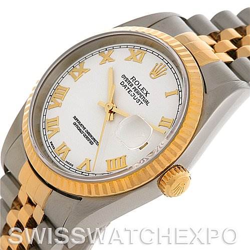 The image shows a close-up side angle of a Rolex Datejust 16233 Men's Steel and Gold (two tone) White Dial 16233 Men's Steel and Gold (two tone) White Dial watch, highlighting the dial, bezel, crown, and part of the bracelet.