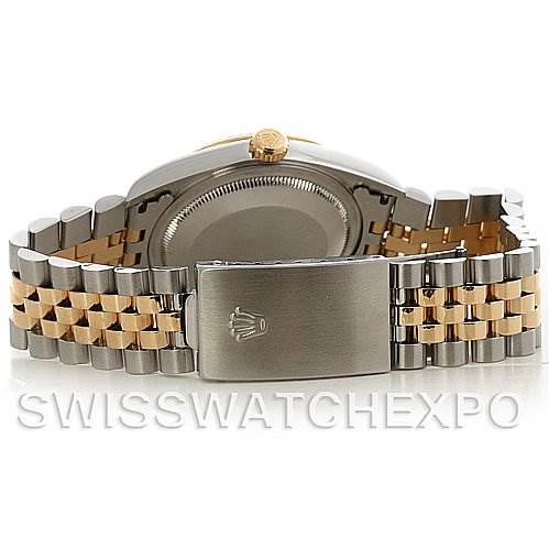 The image shows the back casing and bracelet of a Rolex Datejust 16233 Men's Steel and Gold (two tone) White Dial 16233 Men's Steel and Gold (two tone) White Dial, highlighting the clasp with the Rolex crown logo.