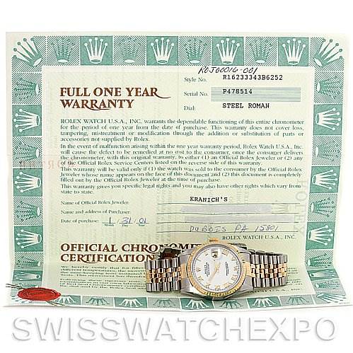 The image shows a Rolex Datejust 16233 Men's Steel and Gold (two tone) White Dial 16233 Men's Steel and Gold (two tone) White Dial watch and its warranty certificate from a top-down angle.