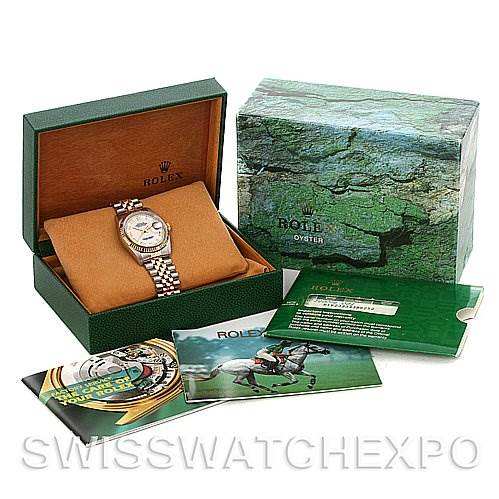 The image shows a Rolex Datejust 16233 Men's Steel and Gold (two tone) White Dial 16233 Men's Steel and Gold (two tone) White Dial watch in its box, along with booklets and outer packaging.