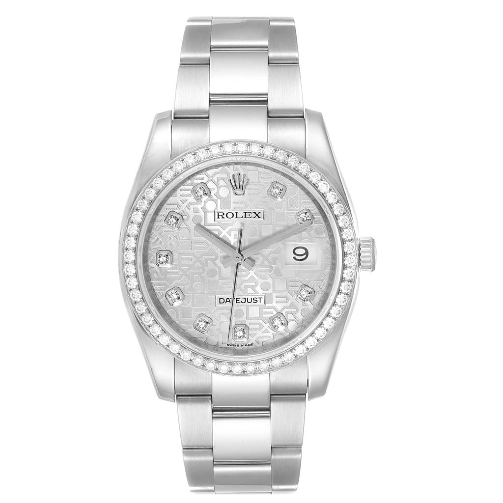 The image shows a front view of a Rolex Datejust 116244 Men's Stainless Steel Silver Dial 116244 Men's Stainless Steel Silver Dial watch, highlighting its bracelet, case, bezel, dial, hands, and date window.