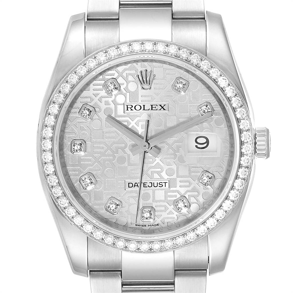The image shows a Rolex Datejust 116244 Men's Stainless Steel Silver Dial 116244 Men's Stainless Steel Silver Dial watch from a front angle, highlighting the face, bezel, crown, and part of the bracelet.