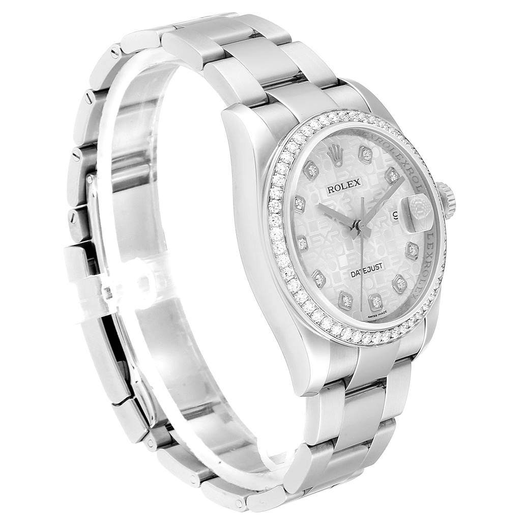 This image shows a side view of a Rolex Datejust 116244 Men's Stainless Steel Silver Dial 116244 Men's Stainless Steel Silver Dial watch, displaying the face, bezel, and part of the bracelet.